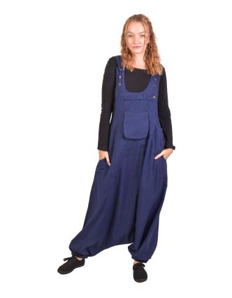 Turecké nohavice s trakmi, modré, veľmi nízky sed, vrecká a gombíky