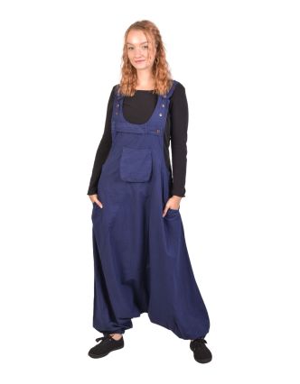 Turecké nohavice s trakmi, modré, veľmi nízky sed, vrecká a gombíky
