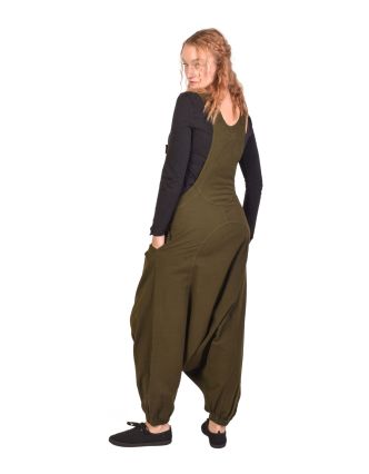 Turecké nohavice s trakmi, tmavo zelené, veľmi nízky sed, vrecká a gombíky