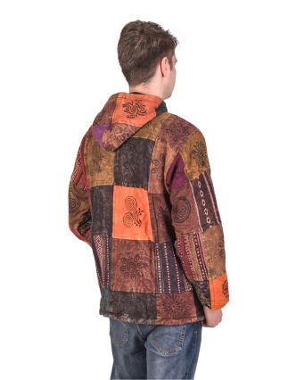 Bunda s kapucňou, multifarebný patchwork, na zips, vrecká, fleece podšívka