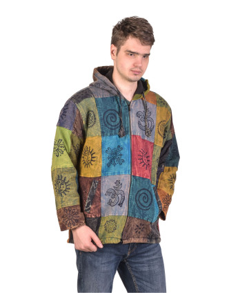 Bunda s kapucňou, multifarebný patchwork, na zips, vrecká, fleece podšívka