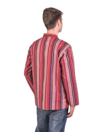 Pánska bavlnená košeľa, prúžky, dlhý rukáv, červená