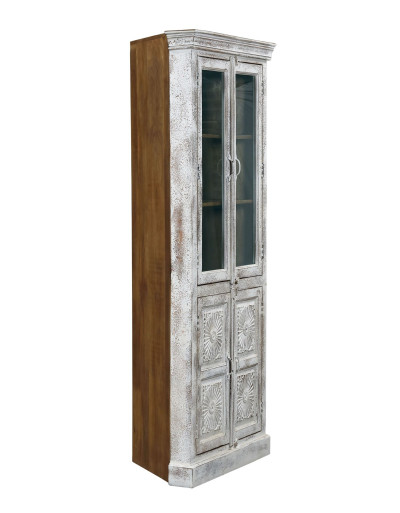 Presklená rohová skriňa z mangového dreva, ručné rezby, 92x58x204cm