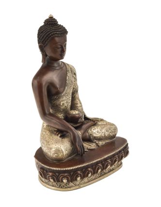 Budha Šákjamúni, kovová soška, postriebrené, 19x11x24cm