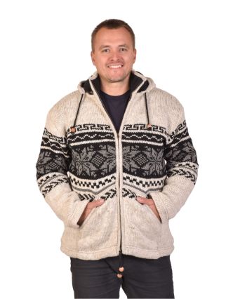 Pánsky vlnený sveter, biely s čierno-sivým vzorom