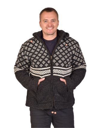 Pánsky vlnený sveter, čierny s bielym vzorom