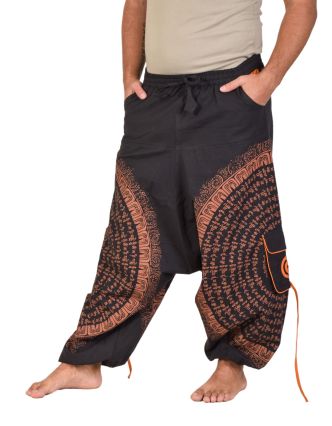 Unisex čierne turecké nohavice s vreckami, oranžová potlač, pružný pás