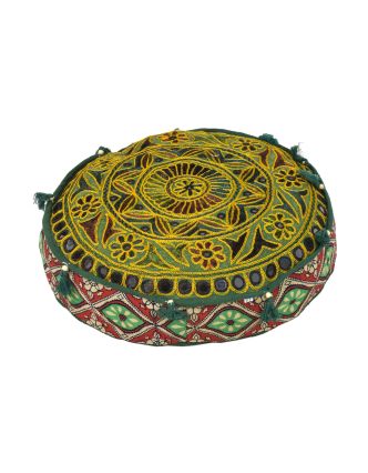 Meditačný zelený vankúš, ručne vyšívaný Gujarat Design, okrúhly, 40x12cm
