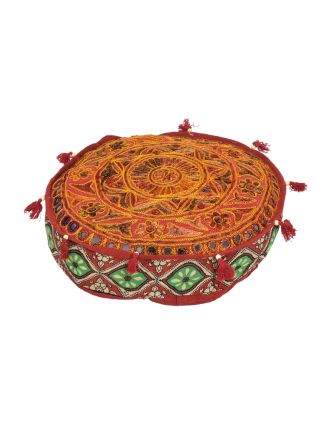 Meditačný červený vankúš, ručne vyšívaný Gujarat Design, okrúhly, 40x12cm