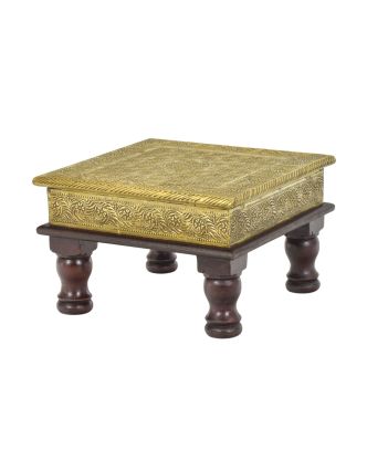 Čajový stolík z mangového dreva zdobený mosadzným kovaním, 25x25x15cm