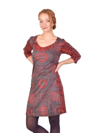 Krátke šaty s 3/4 rukávom a okrúhlym výstrihom, potlač Mandal, šedo-červené