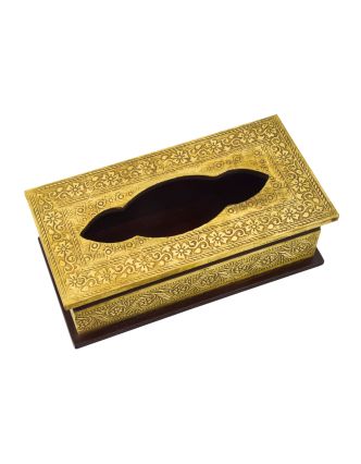 Krabička na vreckovky, drevená, zdobená mosadzným plechom, 25x13x9cm