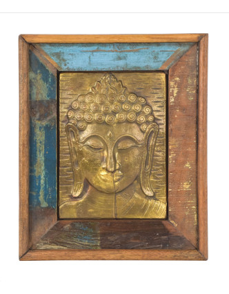 Obraz z teakového dreva, relief Budhu z tepaného kovu