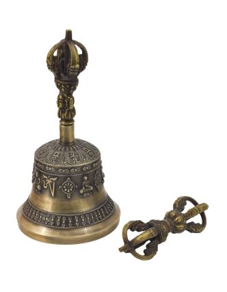 Tibetský zvon a dorje, mosadzná farba, ornament, 19cm
