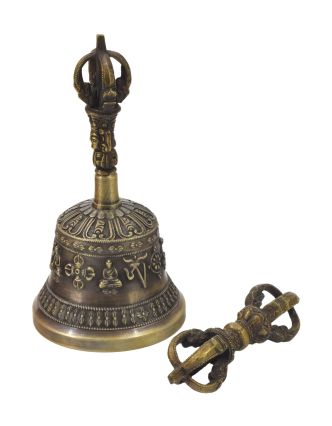 Tibetský zvon a dorje, mosadzná farba, ornament, 17cm