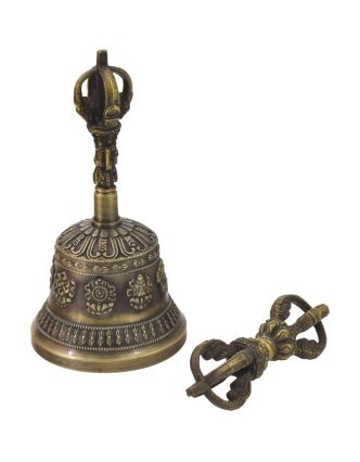 Tibetský zvon a dorje, mosadzná farba, ornament, 17cm