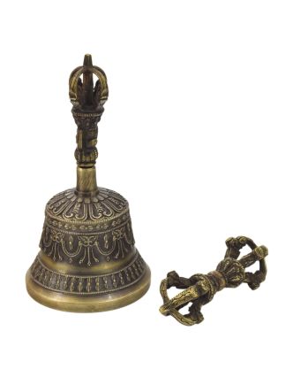 Tibetský zvon a dorje, mosadzná farba, ornament, 14cm
