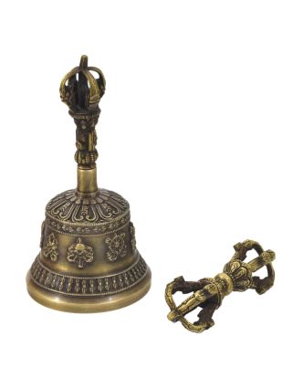 Tibetský zvon a dorje, mosadzná farba, ornament, 14cm