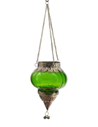 Závesný sklenený svietnik, zelený, kovové zdobenie, 9x9x14cm