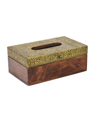 Krabička na vreckovky, drevená, zdobená mosadzným plechom, 25x15x10cm