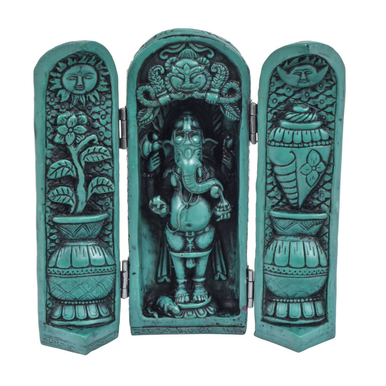 Ganesh, cestovný oltár, živica, tyrkysová patina, 21 cm