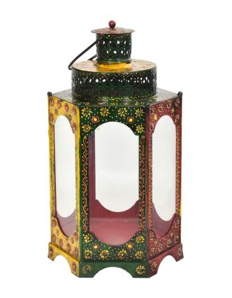 Kovový lampáš, ručne maľovaný, 28x23x50cm