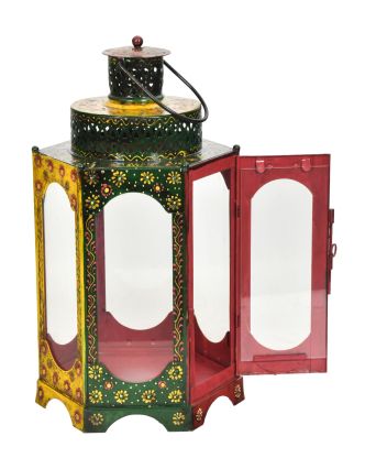 Kovový lampáš, ručne maľovaný, 28x23x50cm