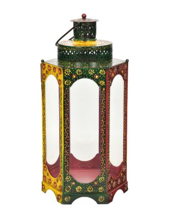 Kovový lampáš, ručne maľovaný, 28x24x58cm