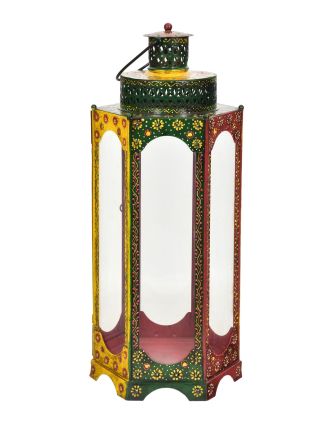 Kovový lampáš, ručne maľovaný, 30x24x65cm
