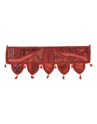 Červený záves nad dvere so výšivkou a strapcami, 103x36cm