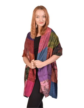 Hodvábny patchworkový farebný šál s motívom, 55x200cm