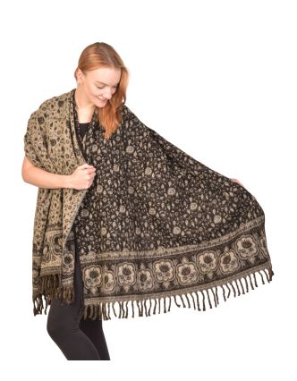 Veľký zimný šál so vzorom paisley, čierno-sivý, 200x90cm