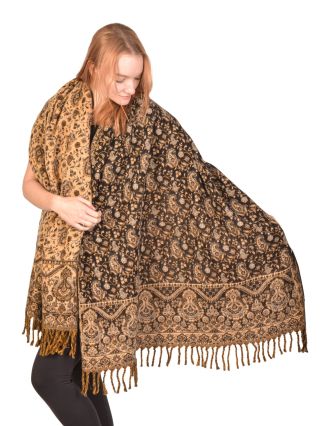 Veľký zimný šál so vzorom paisley, čierno-béžový, 200x90cm