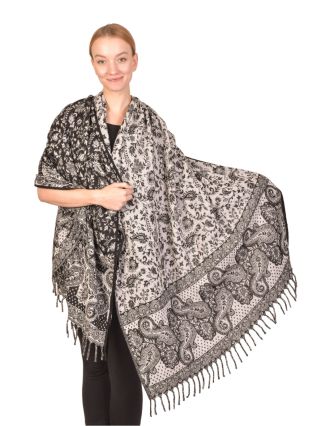 Veľký zimný šál so vzorom paisley, svetlo čierno-biely, 200x100cm