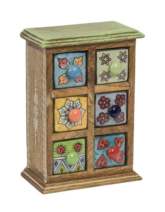 Drevená skrinka so 6 keramickými šuplíkmi, ručne maľované, 15x12x25cm