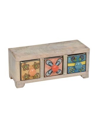 Drevená skrinka s 3 keramickými šuplíkmi, ručne maľovaná, 22x11x9cm