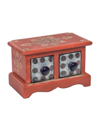 Drevená skrinka s 2 keramickými šuplíkmi, ručne maľovaná, 18x11x11cm