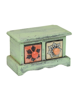 Drevená skrinka s 2 keramickými šuplíkmi, ručne maľovaná, 18x11x11cm
