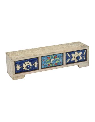 Drevená skrinka s 3 keramickými šuplíkmi, ručne maľovaná, 38x12x10cm