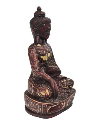 Budha Šakjamúni, sediaci, vyrezávané rúcho, vínová živica, 16cm