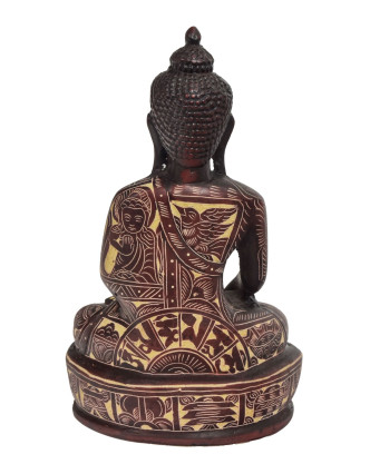 Budha Šakjamúni, sediaci, vyrezávané rúcho, vínová živica, 16cm