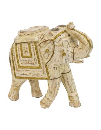 Drevený slon zdobený mosadzným plechom, 38x16x40cm