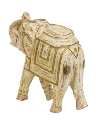 Drevený slon zdobený mosadzným plechom, 38x16x40cm