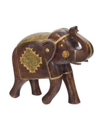 Drevený slon zdobený mosadzným plechom, 46x18x46cm