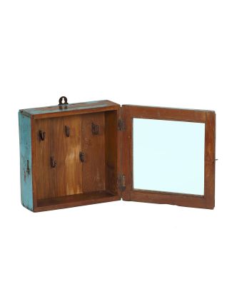 Presklená skrinka z teakového dreva, háčiky na kľúče, 28x10x28cm