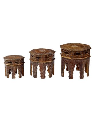 Set 3 stolčekov z mangového dreva, ručne maľované, 45x45x45cm