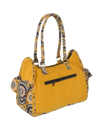 Žltá bavlnená kabelka s potlačou mandál, na zips, 34x17x27cm + 25cm ucha