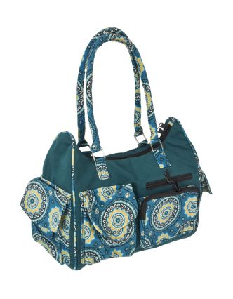 Modrá bavlnená kabelka s potlačou mandál, na zips, 34x17x27cm + 25cm ucha
