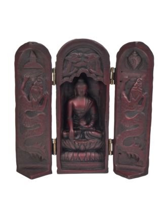 Budha, cestovný oltár, červeno hnedý, živica, 21cm