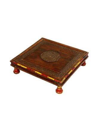 Čajový stolík z teakového dreva, zdobený mosadzou, 53x53x14cm